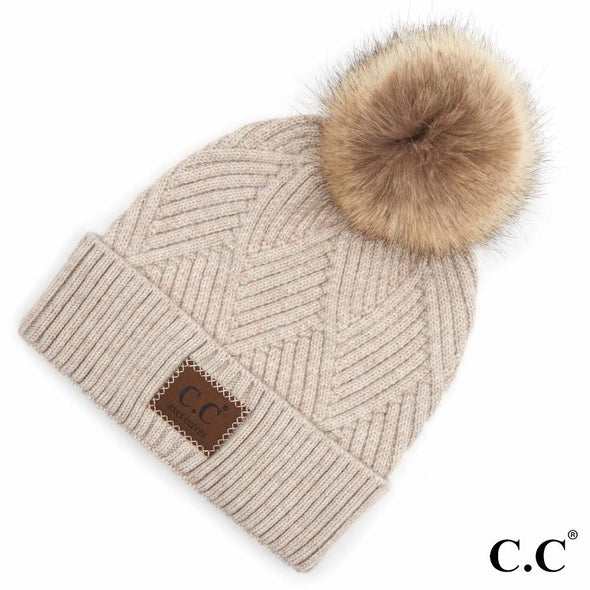 CC Beige Fur Pom Beanie