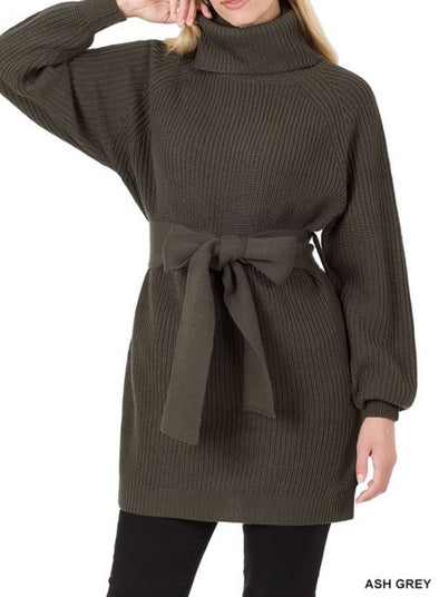 Charcoal Tie Waist Turtleneck Sweater Dress