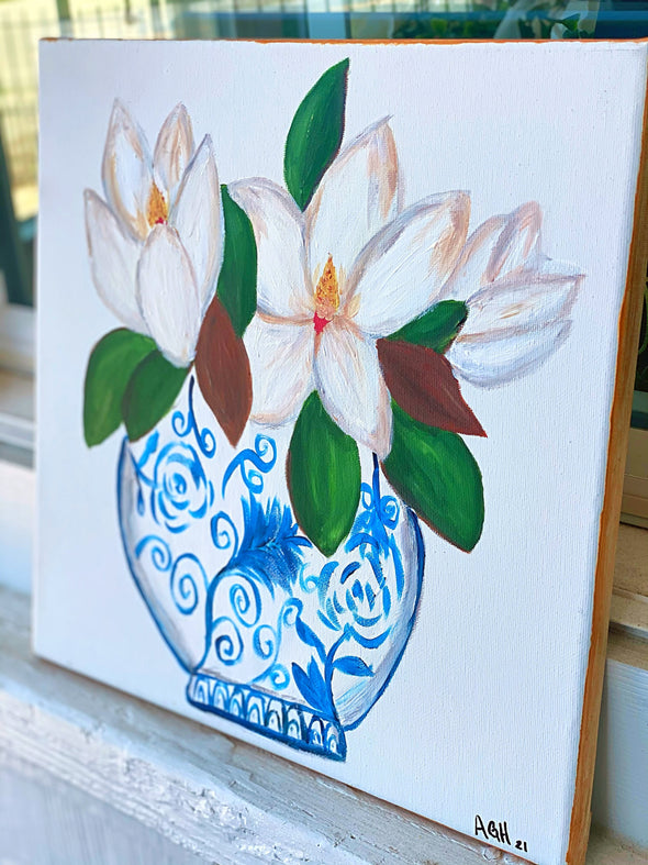 12x12” Magnolia in a Chinoiserie Vase